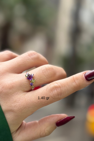 Ametist ve Peridot Taşlı Altın Yüzük